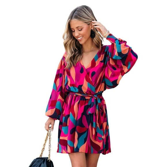 Red and Pink Print Belted Puff Sleeve Mini Dress - Picture 3 of 8